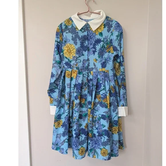 Unique Vintage Light Blue Floral Peter Pan Collar Mod Babydoll Dress 60s Small - Picture 14 of 14
